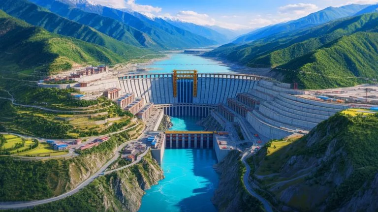 Illustration de la construction du barrage hydroélectrique de Motuo, générée par intelligence artificielle.