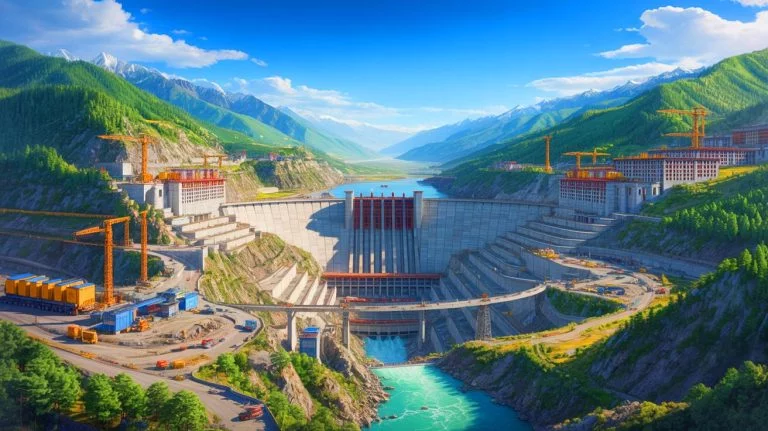 Illustration de la construction d'un barrage titanesque par la Chine au Tibet, générée par intelligence artificielle.