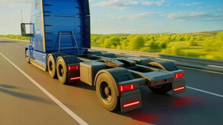 Illustration de l'innovation d'un dolly électrique intercalé entre le tracteur et la remorque d'un poids lourd, générée par intelligence artificielle.