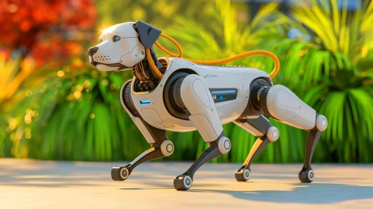 Illustration de CARA, le chien robot quadrupède innovant utilisant un système de cordes, générée par intelligence artificielle.
