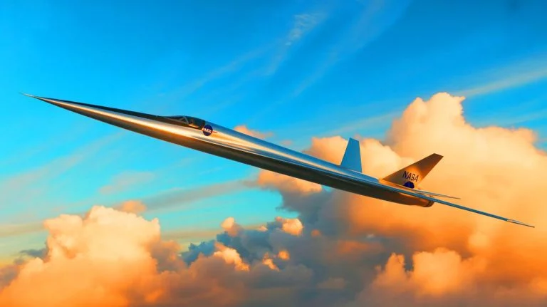 Illustration de l'avion expérimental X-59 de la NASA effectuant un vol supersonique silencieux, image générée par intelligence artificielle.