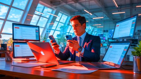 Illustration de Mark Cuban gérant ses e-mails depuis son smartphone, générée par intelligence artificielle.