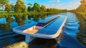 « Ce navire solaire bouleverse tout » : découvrez le premier bateau solaire terrestre au monde équipé de 192 panneaux pour naviguer au gré du soleil Illustration de l'innovation du Blue Marlin, premier navire fluvial hybride à propulsion solaire, générée par intelligence artificielle.