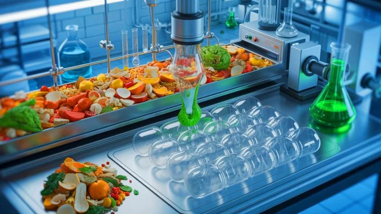 Illustration de la transformation des déchets alimentaires en plastique biodégradable, générée par intelligence artificielle.