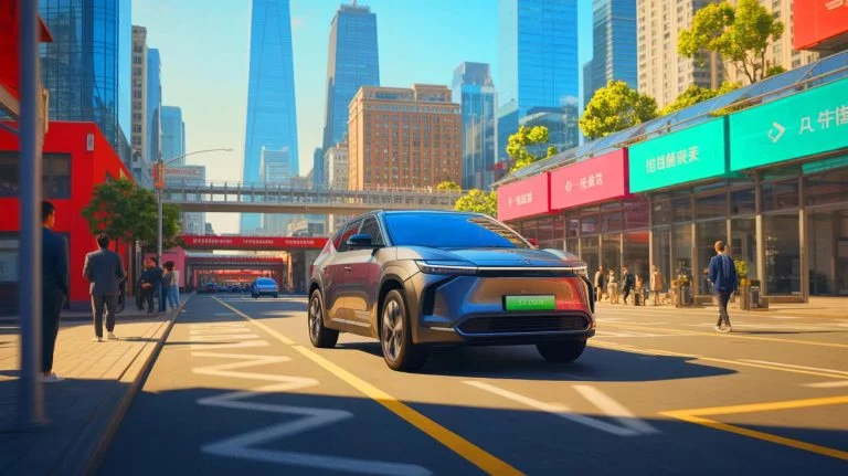 Illustration de la stratégie de Toyota pour dominer le marché chinois des véhicules électriques, créée par intelligence artificielle.