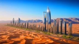 Illustration de la ville linéaire futuriste du projet Line en Arabie Saoudite, générée par intelligence artificielle.
