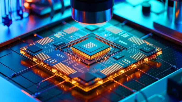 Illustration de l'intégration électronique-photonique-quantique sur une puce, générée par intelligence artificielle.