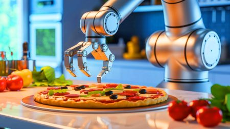 Illustration de l'innovation en robotique avec un bras robotique préparant une pizza pour aider les personnes à mobilité réduite.