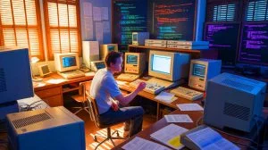 Illustration de la révélation du test d'aptitude informatique d'Elon Musk en 1989, générée par intelligence artificielle.