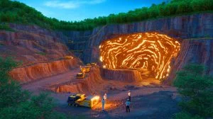 Illustration de la découverte géologique d'un gigantesque gisement d'or en Chine, générée par intelligence artificielle.