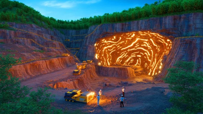 Illustration de la découverte géologique d'un gigantesque gisement d'or en Chine, générée par intelligence artificielle.