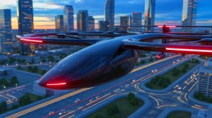 Illustration de l'aéronef électrique BlackBird en vol, générée par intelligence artificielle.