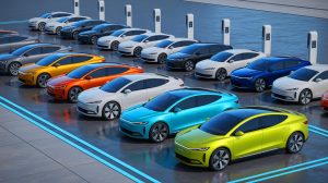 Illustration de véhicules électriques de 2025 avec une autonomie exceptionnelle. Image réalisée par IA.