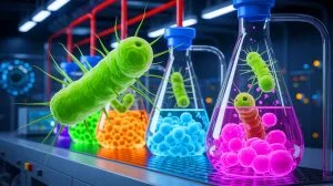 Illustration de Bacillus megaterium transformant le dioxyde de carbone en roche, générée par intelligence artificielle.