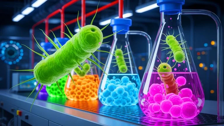 Illustration de Bacillus megaterium transformant le dioxyde de carbone en roche, générée par intelligence artificielle.