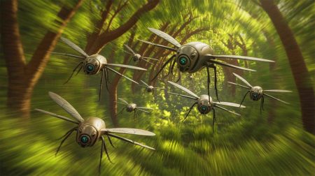 Illustration de drones inspirés par les insectes naviguant à grande vitesse, générée par intelligence artificielle.