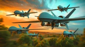 Illustration de drones de combat ukrainiens naviguant sans GPS pour éviter le brouillage russe, générée par intelligence artificielle.