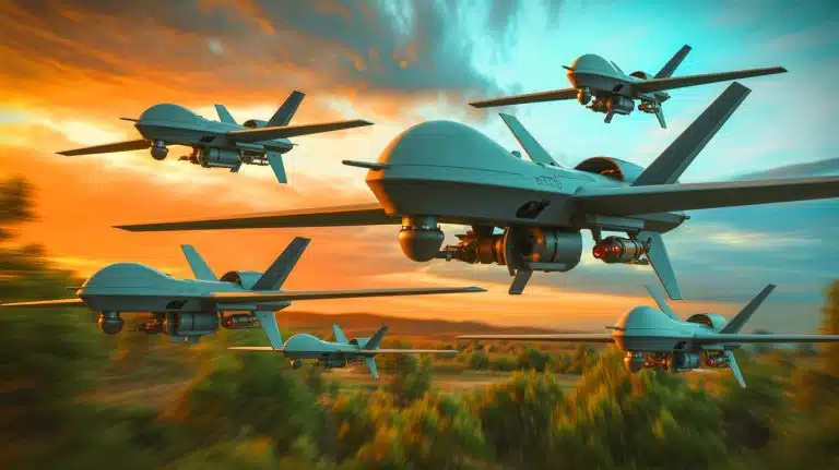 « Ces drones voient au-delà des satellites » : l’Ukraine dévoile sa stratégie audacieuse pour déstabiliser la Russie sans recourir au GPS Illustration de drones de combat ukrainiens naviguant sans GPS pour éviter le brouillage russe, générée par intelligence artificielle.