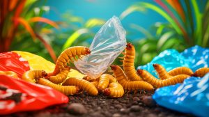Illustration de chenilles du ver à cire dégradant du plastique, générée par intelligence artificielle.