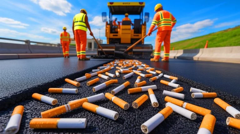 Illustration de la transformation des mégots de cigarettes en matériau routier innovant, générée par intelligence artificielle.