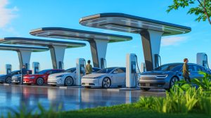 Illustration de l'évolution technologique des batteries pour véhicules électriques en 2025. Image réalisée par IA.