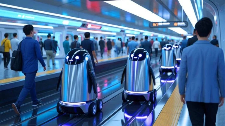 Illustration de robots autonomes livrant des marchandises via le métro de Shenzhen, générée par intelligence artificielle.