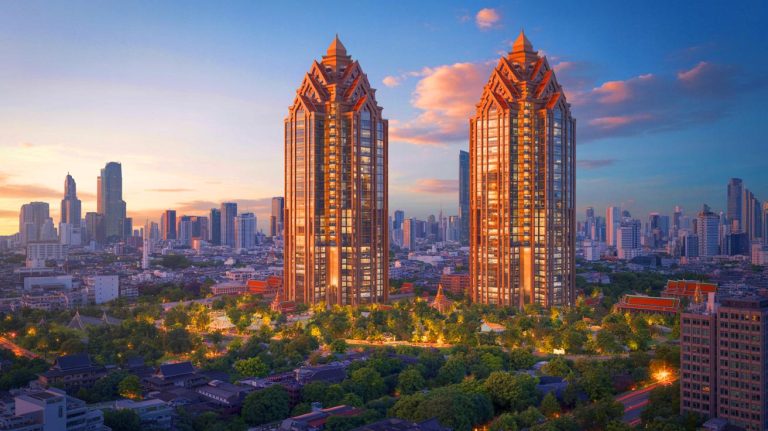 Illustration de deux tours inspirées par des lanternes thaïlandaises conçues par Heatherwick Studio, générée par intelligence artificielle.