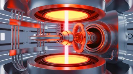 Illustration de la mise en œuvre du divertor dans le réacteur à fusion ITER, générée par intelligence artificielle.