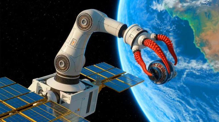Illustration d'un bras robotique inspiré par la nature en action dans l'espace, créée par intelligence artificielle.