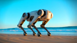 Illustration de la capacité d'un robot quadrupède à marcher sur deux pattes sur des terrains difficiles, créée par intelligence artificielle.