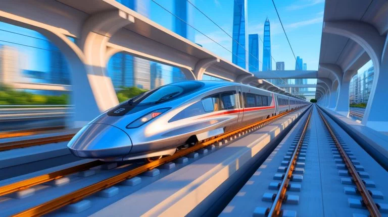 Illustration de l'avancée technologique du train à grande vitesse CR450 en Chine, générée par intelligence artificielle.