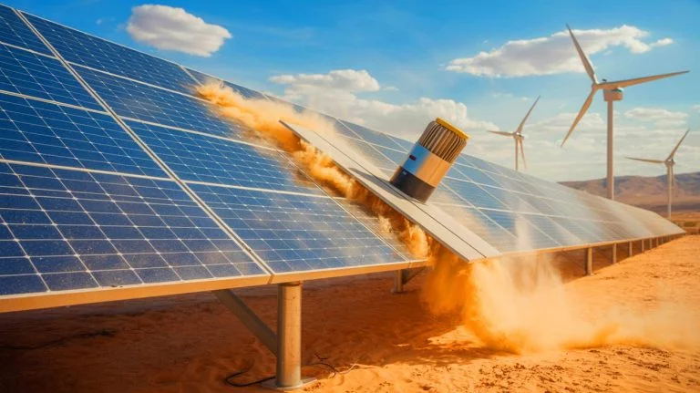 Illustration de la technologie de nettoyage autonome des panneaux solaires par vent, générée par intelligence artificielle.