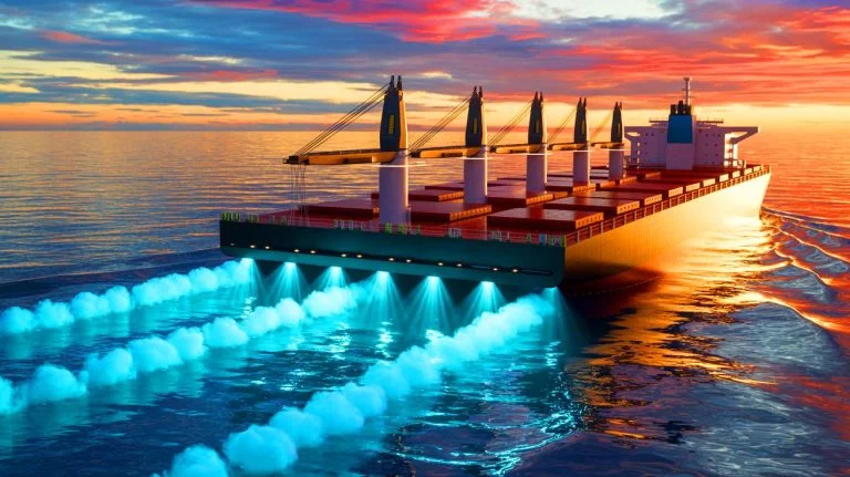 Illustration de la technologie de captage et stockage du CO₂ à bord du cargo Clipper Eris, générée par intelligence artificielle.