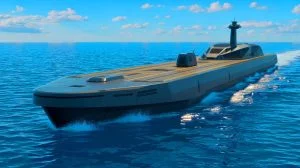 Illustration de l'USX-1 Defiant, un navire de guerre autonome sans équipage, générée par intelligence artificielle.