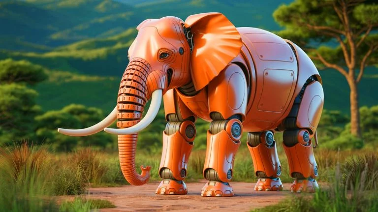 Illustration de l'éléphant robotique conçu par l'EPFL, capable d'imiter la flexibilité animale grâce à une structure en mousse programmable, générée par intelligence artificielle.