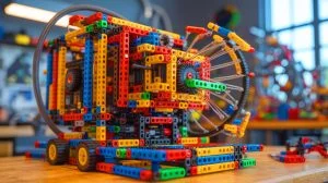Illustration de la transformation d'un jouet K’NEX en calculateur mécanique, générée par intelligence artificielle.