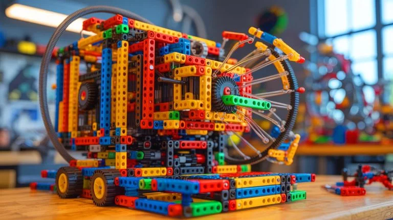 Illustration de la transformation d'un jouet K’NEX en calculateur mécanique, générée par intelligence artificielle.