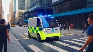 Ce minuscule véhicule médical de GEM se faufile partout et pourrait bouleverser les interventions d’urgence en zone urbaine dense Illustration de la micro-ambulance électrique GEM circulant dans un environnement urbain dense, générée par intelligence artificielle.