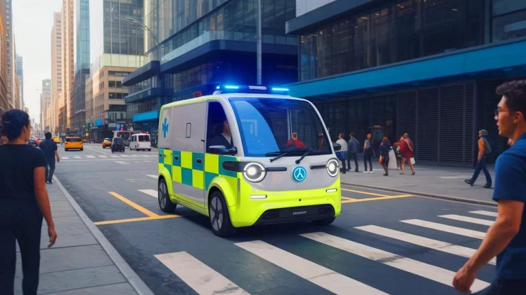 Ce minuscule véhicule médical de GEM se faufile partout et pourrait bouleverser les interventions d’urgence en zone urbaine dense Illustration de la micro-ambulance électrique GEM circulant dans un environnement urbain dense, générée par intelligence artificielle.