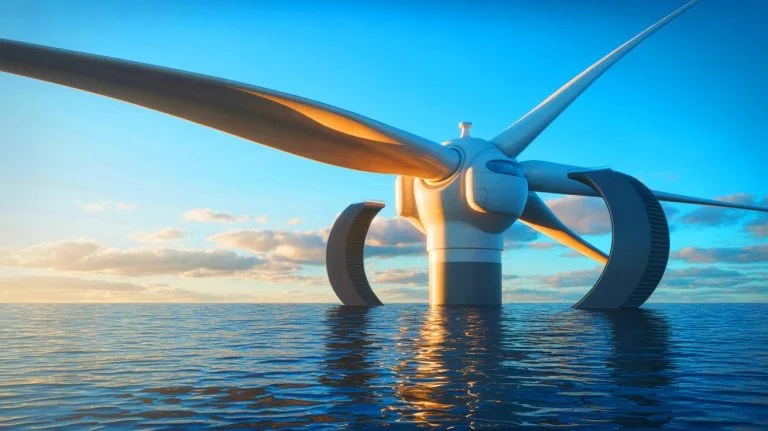 Illustration de la plus puissante éolienne flottante au monde, générée par intelligence artificielle.