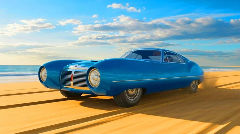 Illustration de la légendaire Sunbeam "Blue Bird" sur les plages de Pendine Sands, générée par intelligence artificielle.