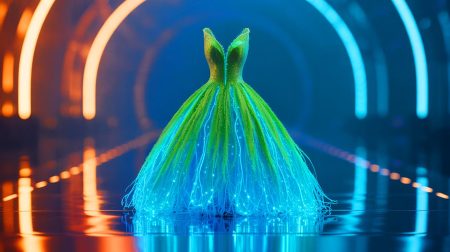 Illustration de la robe bioluminescente en algues vivantes créée par Iris Van Herpen, générée par intelligence artificielle.