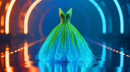 Illustration de la robe bioluminescente en algues vivantes créée par Iris Van Herpen, générée par intelligence artificielle.