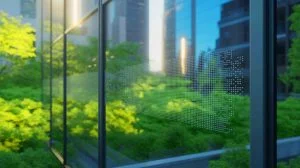 Illustration de l'innovation technologique d'un revêtement de fenêtre économe en énergie, générée par intelligence artificielle.