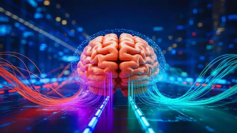 Connexion cérébrale imminente : comment la fusion du cerveau humain avec le cloud pourrait bouleverser notre perception du monde et de nous-mêmes Illustration de la fusion du cerveau humain avec le cloud. Image réalisée par IA.
