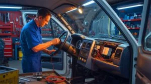 Illustration de la découverte d'un dispositif de surveillance caché dans une camionnette d'occasion. Image réalisée par IA.