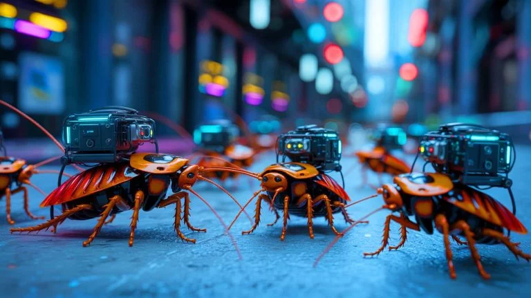 Illustration de cafards équipés de technologies avancées pour des opérations de surveillance, générée par intelligence artificielle.