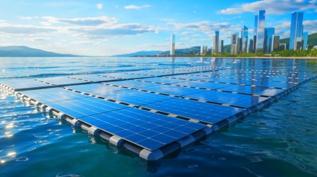 Illustration de panneaux solaires flottants résistants aux conditions météorologiques extrêmes, générée par intelligence artificielle.