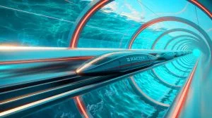 Illustration de l'Hyperloop projeté reliant New York à Londres en 25 minutes. Image réalisée par IA.
