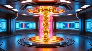 Illustration de la transmutation du mercure en or dans un réacteur à fusion nucléaire, image générée par intelligence artificielle.